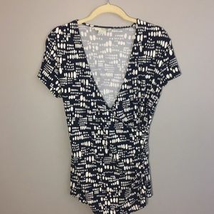 Boden Navy Blue White Faux Wrap Ruched Blouse Top